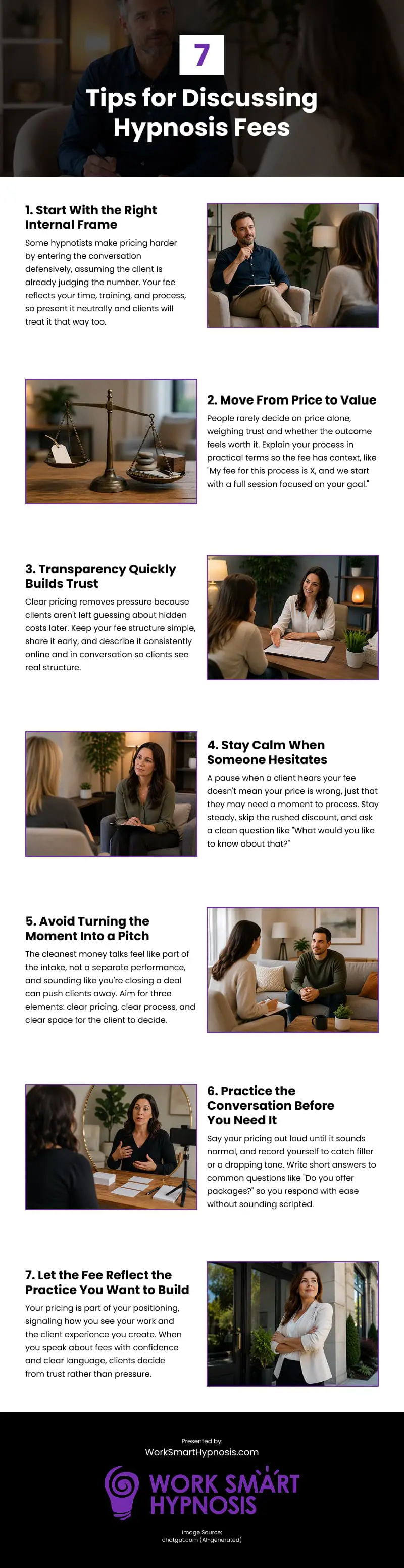 7 Tips for Discussing Hypnosis Fees Infographic
