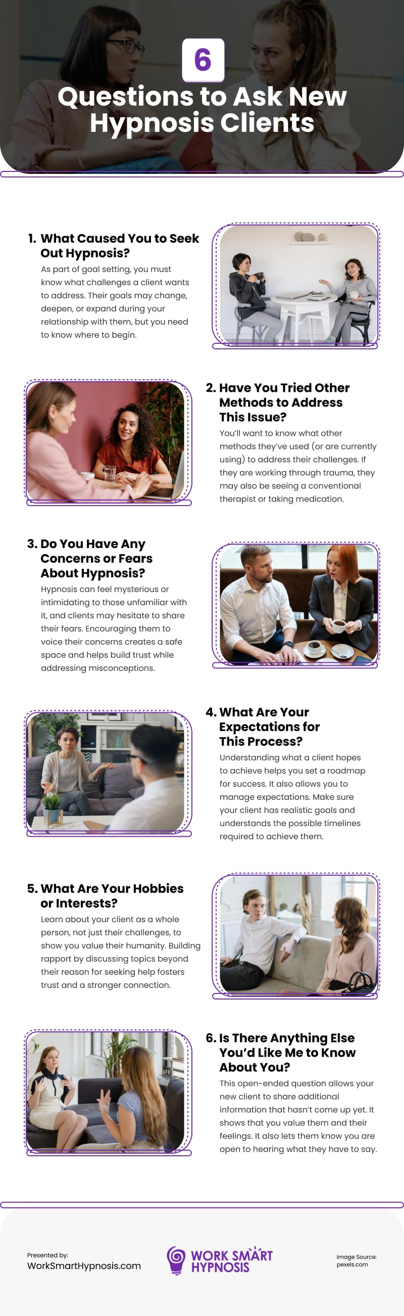 6 Questions to Ask New Hypnosis Clients Infographic