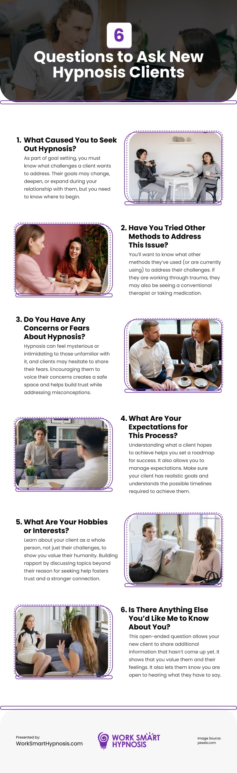 6 Questions to Ask New Hypnosis Clients Infographic