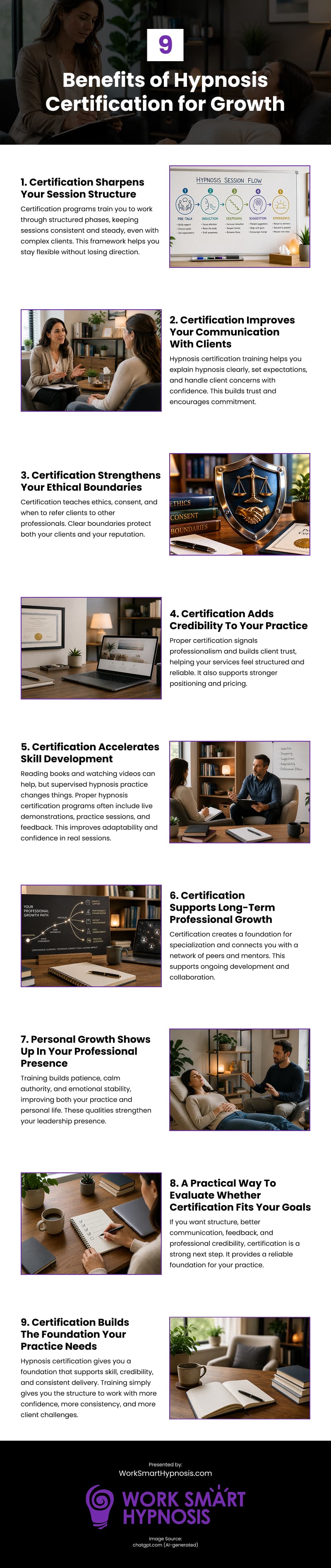 9 Benefits of Hypnosis Certification for Growth Infographic