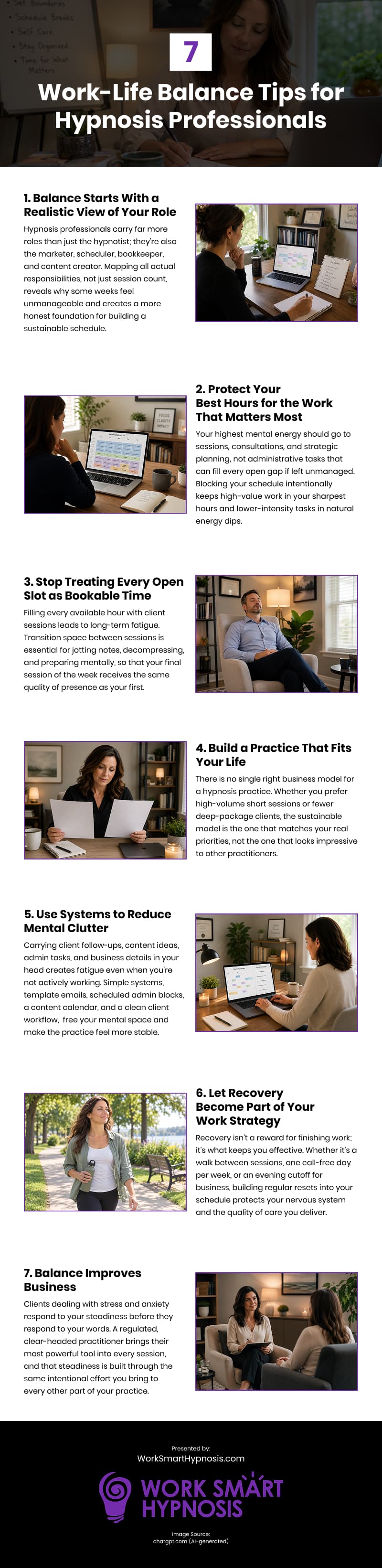 7 Work-Life Balance Tips for Hypnosis Professionals Infographic 7 Work-Life Balance Tips for Hypnosis Professionals Infographic